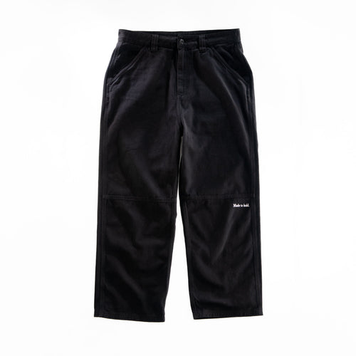 Black pants with a brand logo on a white background