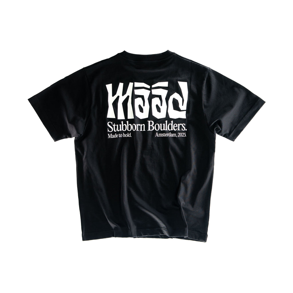 Black t-shirt with white text on a white background