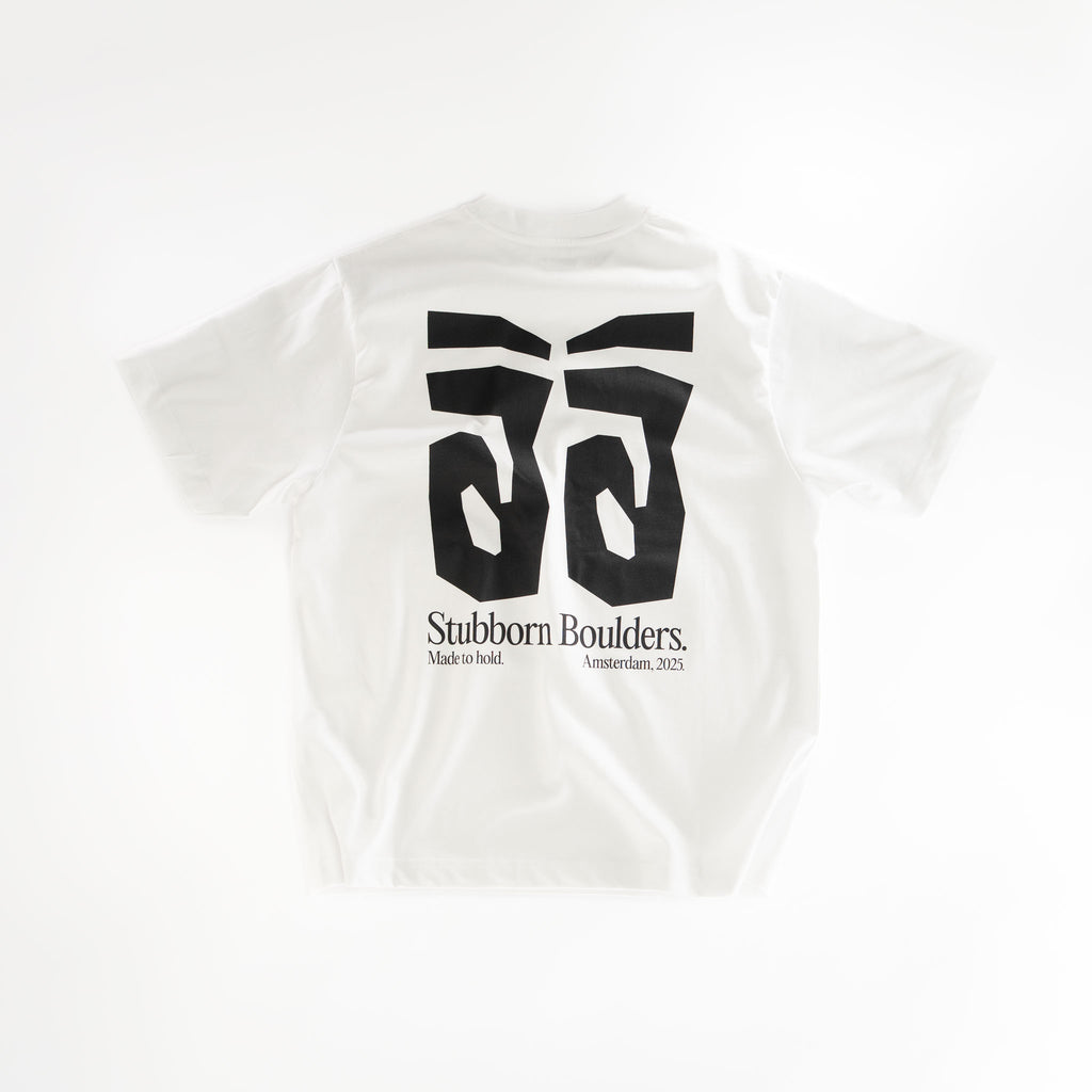 White t-shirt with black graphic design and text on a white background